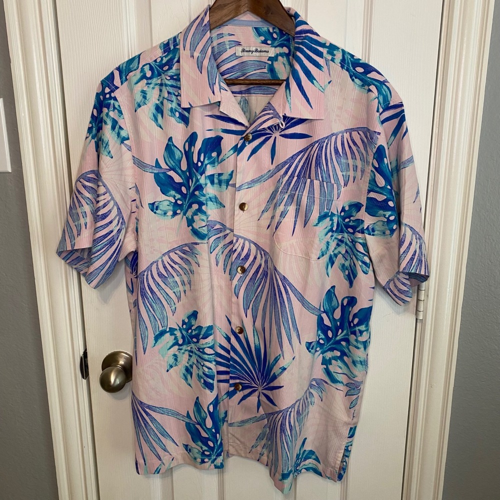 Tommy Bahama IslandZone Mens Large Silk Blend Tropical Palm Camp Shirt Pink Blue